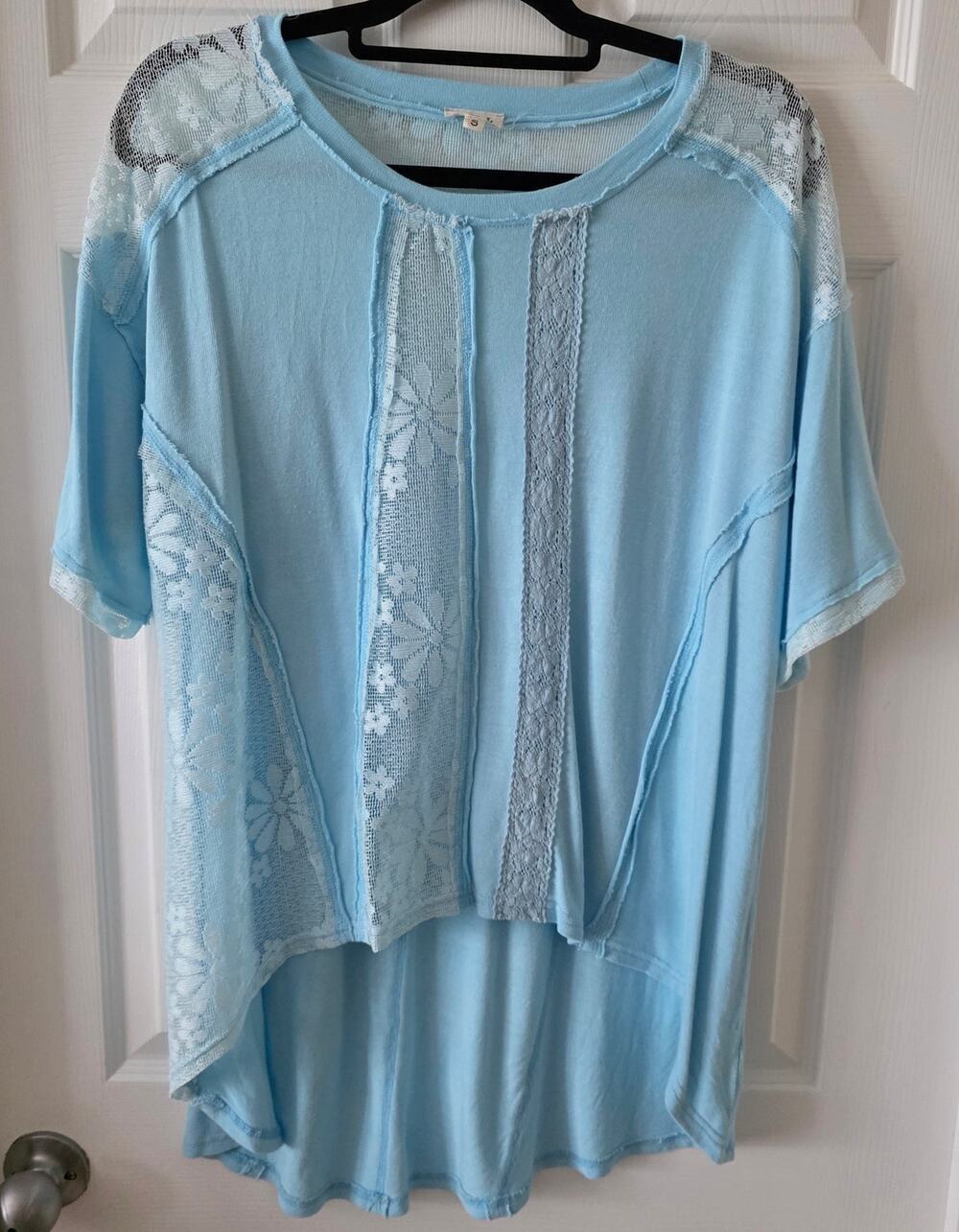 POL Pale Blue Floral Crochet Lace Boho High Low Oversized Top size Small